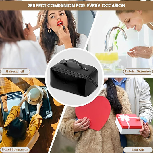 Makeup Cosmetic Bag For Women Wide Opening Cosmetic Case ( Black )