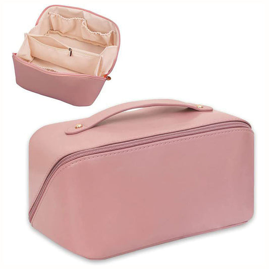Makeup Cosmetic Bag For Women Wide Opening Cosmetic Case ( Pink )