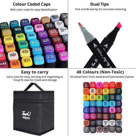 Dual Tip Colorful Art Markers Sketch Pens 48 Colours With Carrying Case