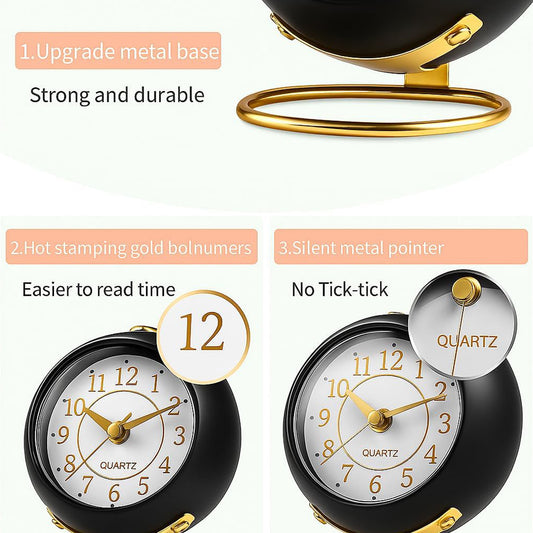 Round Desk Loud Alarm Silent Non-Ticking Clock (Black)