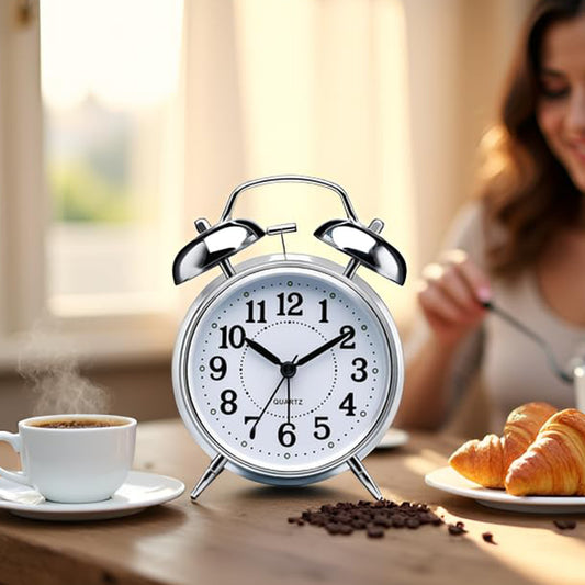 Alarm Clock Twin Bell Metal Frame With Light ( Silver )