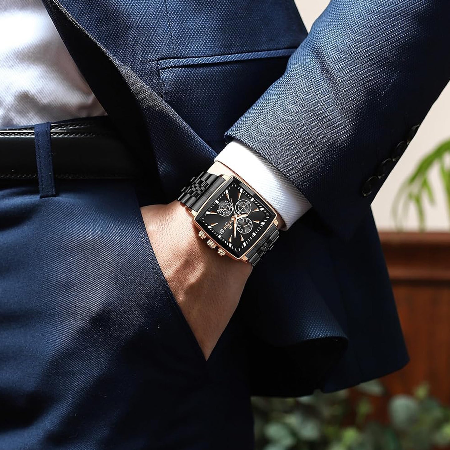 Reward Square Black & Rose Gold Multi-Function Men's Watch