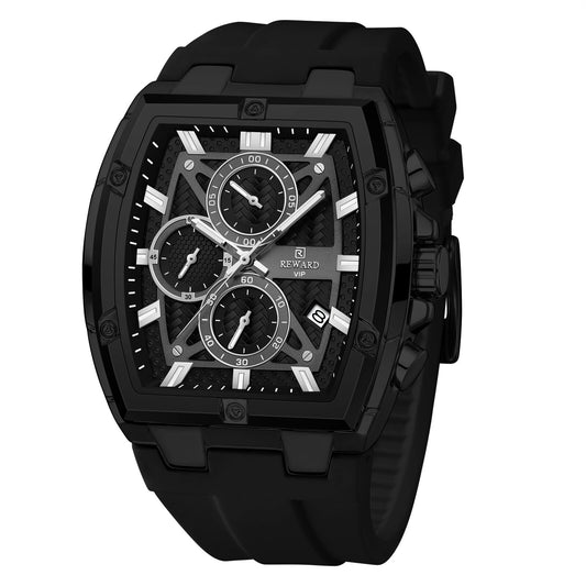 Men's Quartz Chronograph Silicone Watch – Black Case, Black Dial