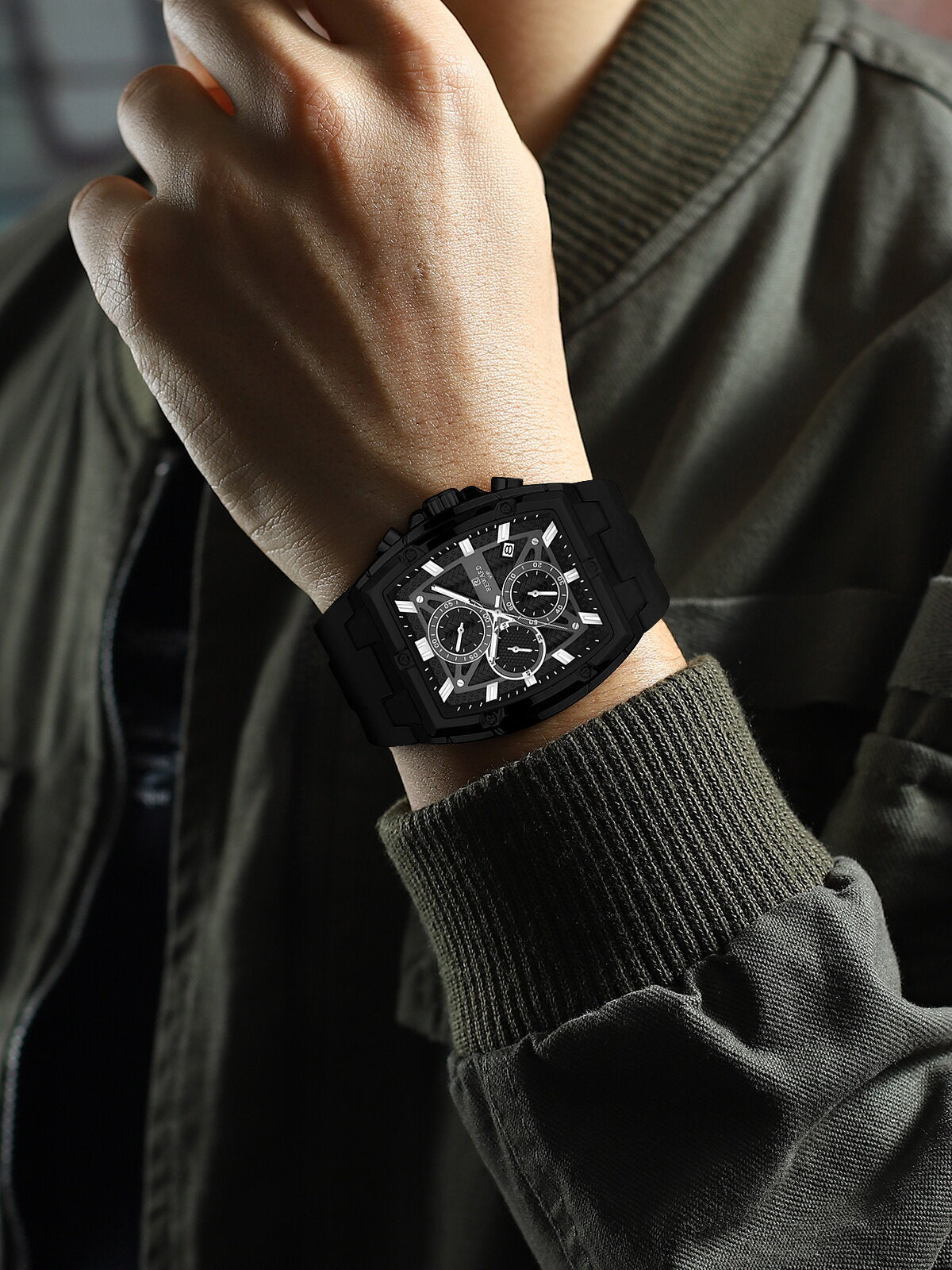 Men's Quartz Chronograph Silicone Watch – Black Case, Black Dial