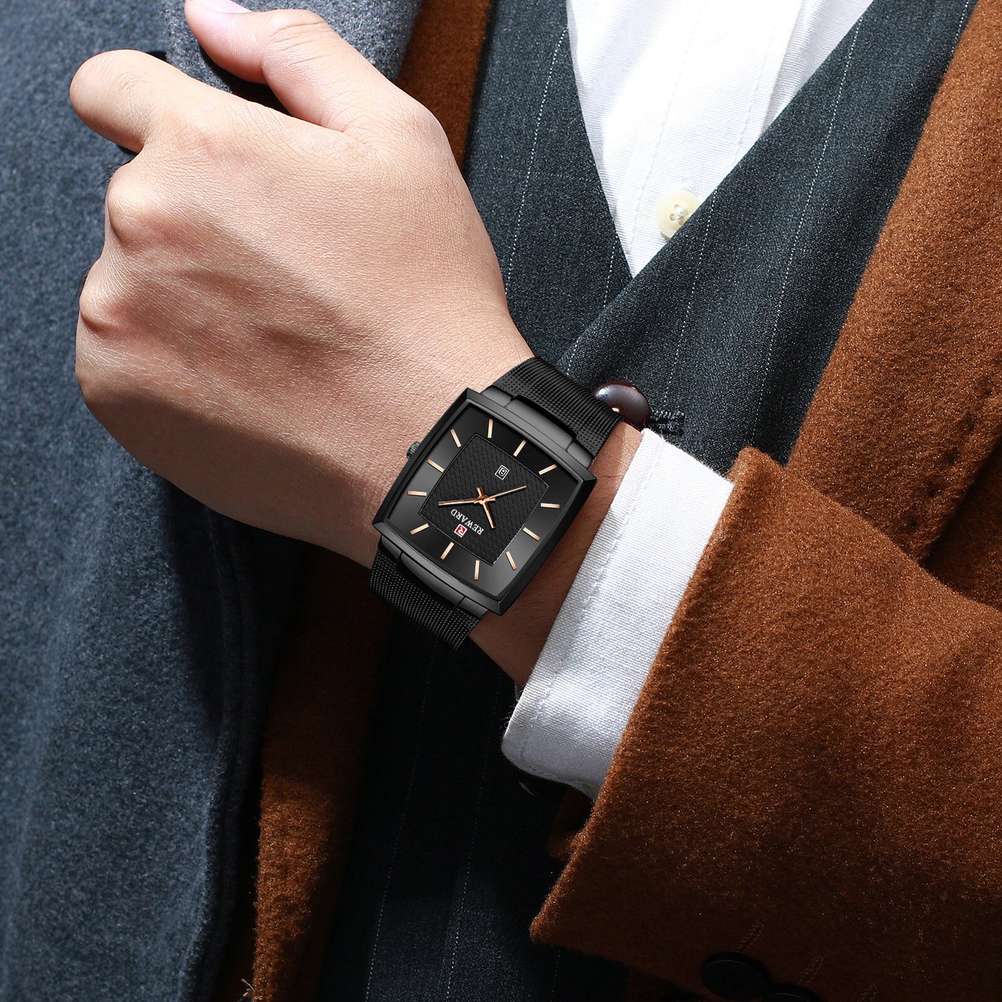 Reward Men's Rectangular Mesh Quartz Watch Black
