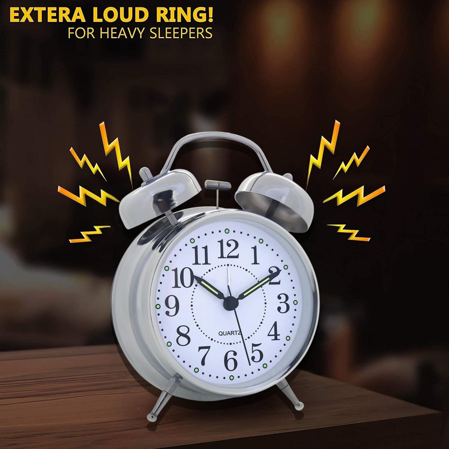 Alarm Clock Twin Bell Metal Frame With Light (Silver)