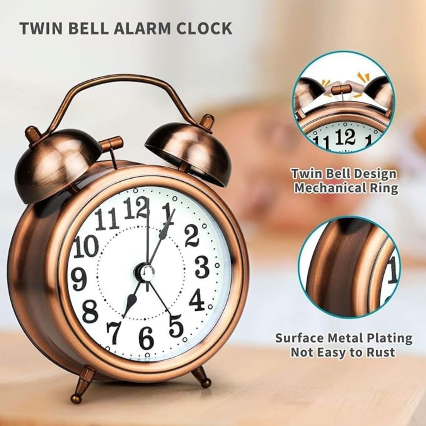 Alarm Clock Twin Bell Metal Frame With Light (Copper)