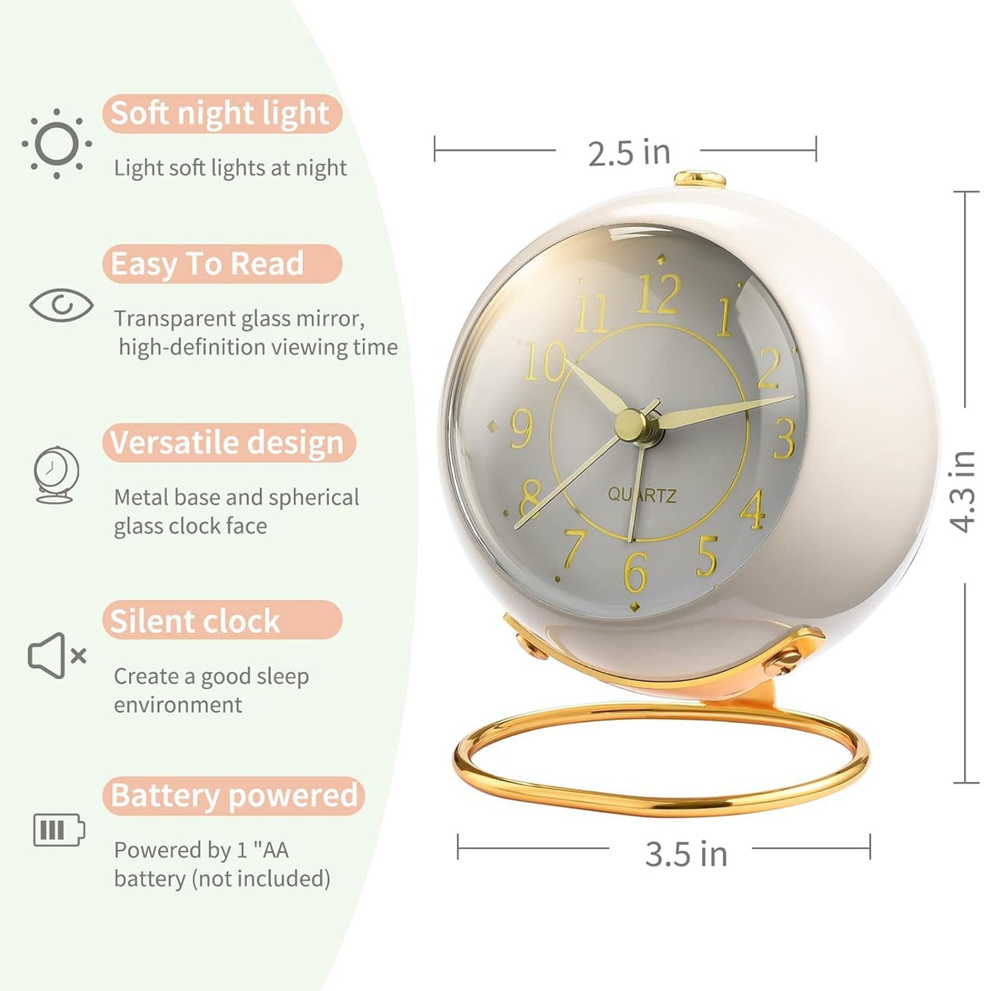 Round Desk Loud Alarm Silent Non-Ticking Clock (White)