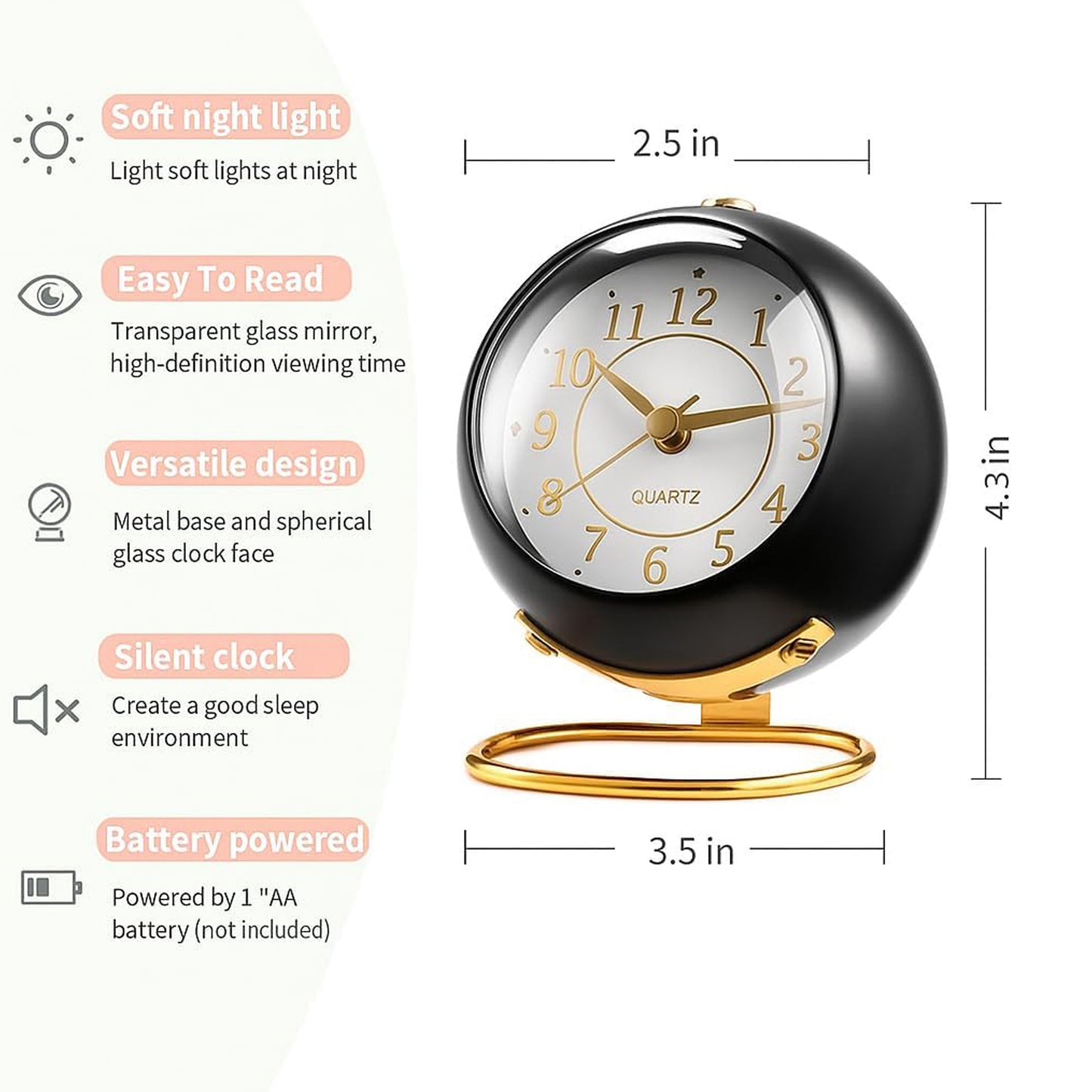 Round Desk Loud Alarm Silent Non-Ticking Clock (Black)