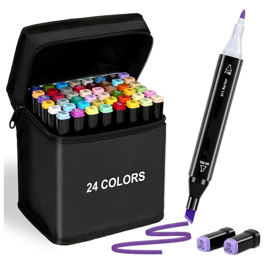 Dual Tip Colorful Art Markers Sketch Pens 24 Colours With Carrying Case