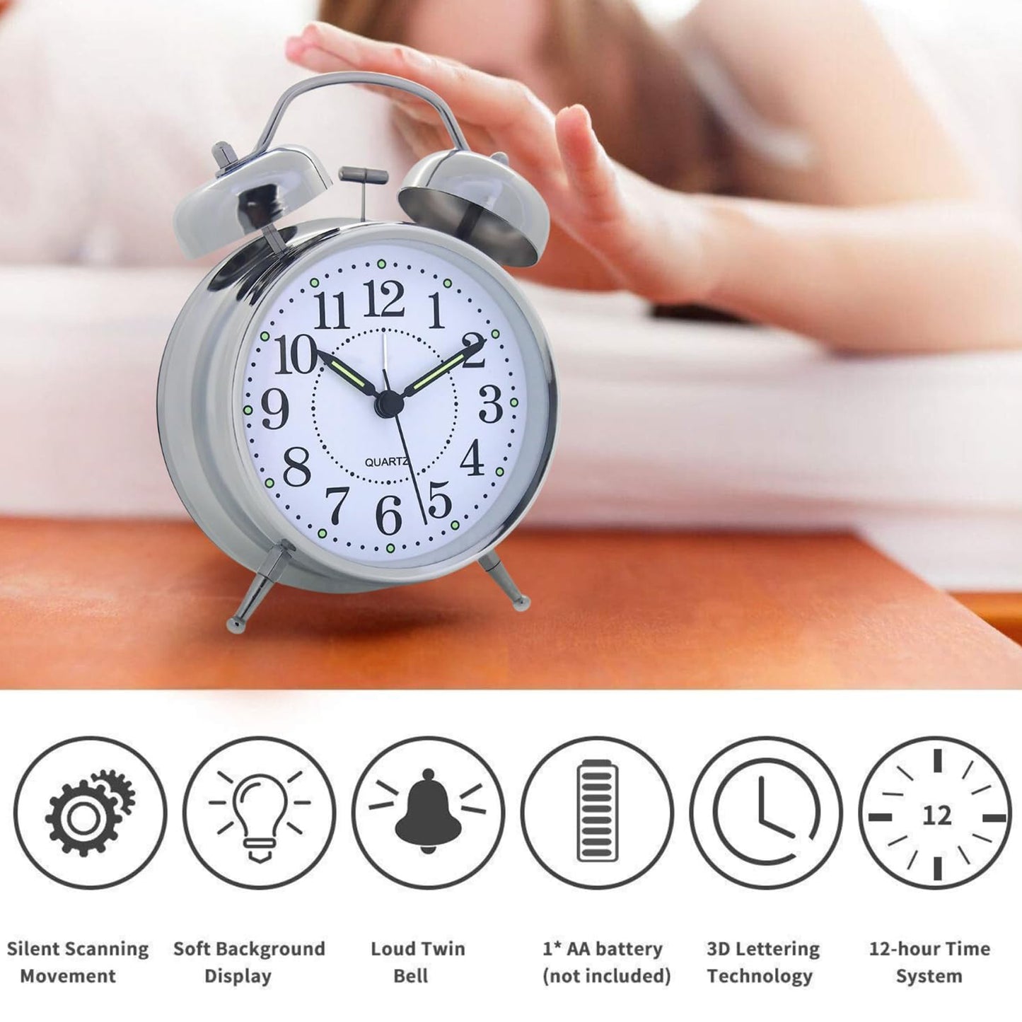 Alarm Clock Twin Bell Metal Frame With Light (Silver)
