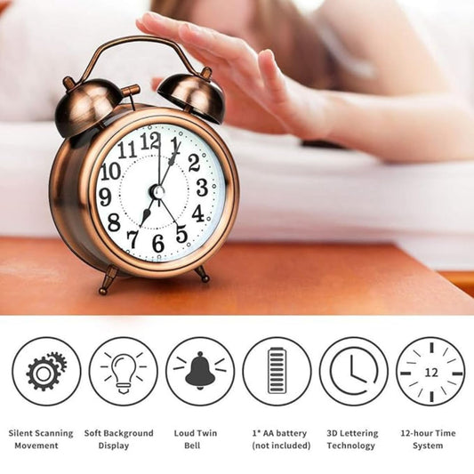 Alarm Clock Twin Bell Metal Frame With Light (Copper)