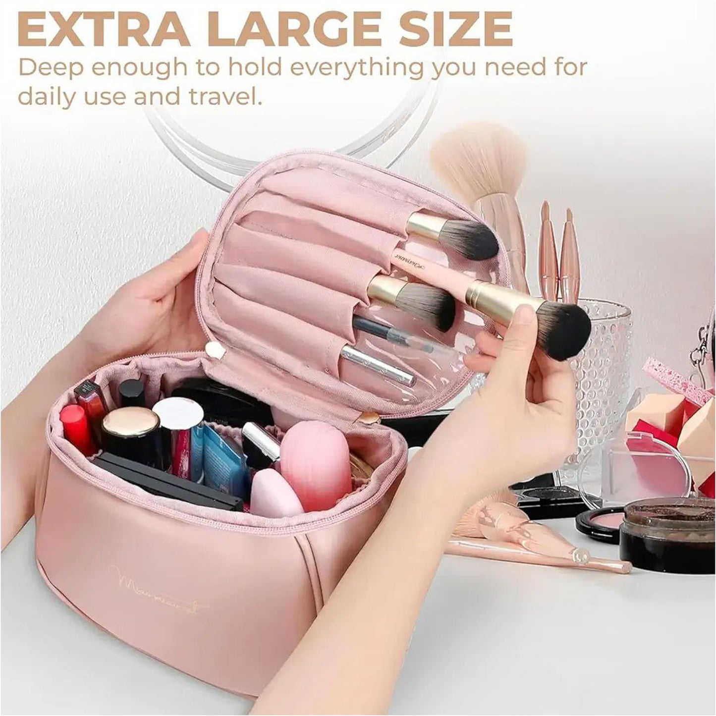 Portable Leather Cosmetic Storage Bag With Handle