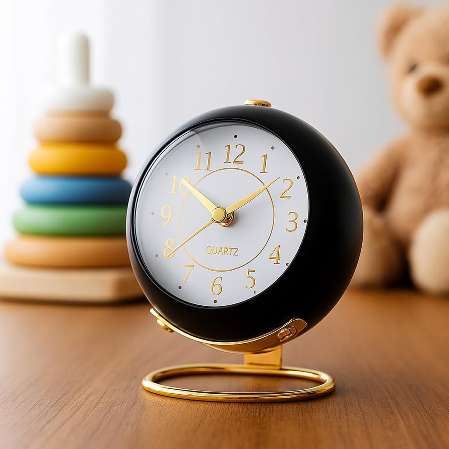Round Desk Loud Alarm Silent Non-Ticking Clock (Black)