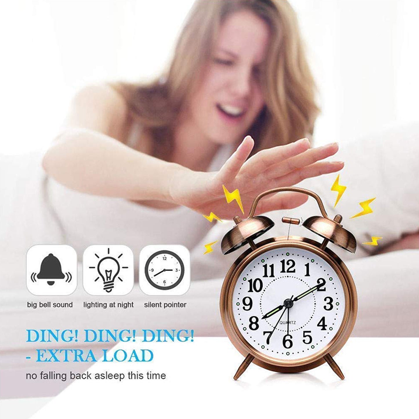 Alarm Clock Twin Bell Metal Frame With Light (Copper)