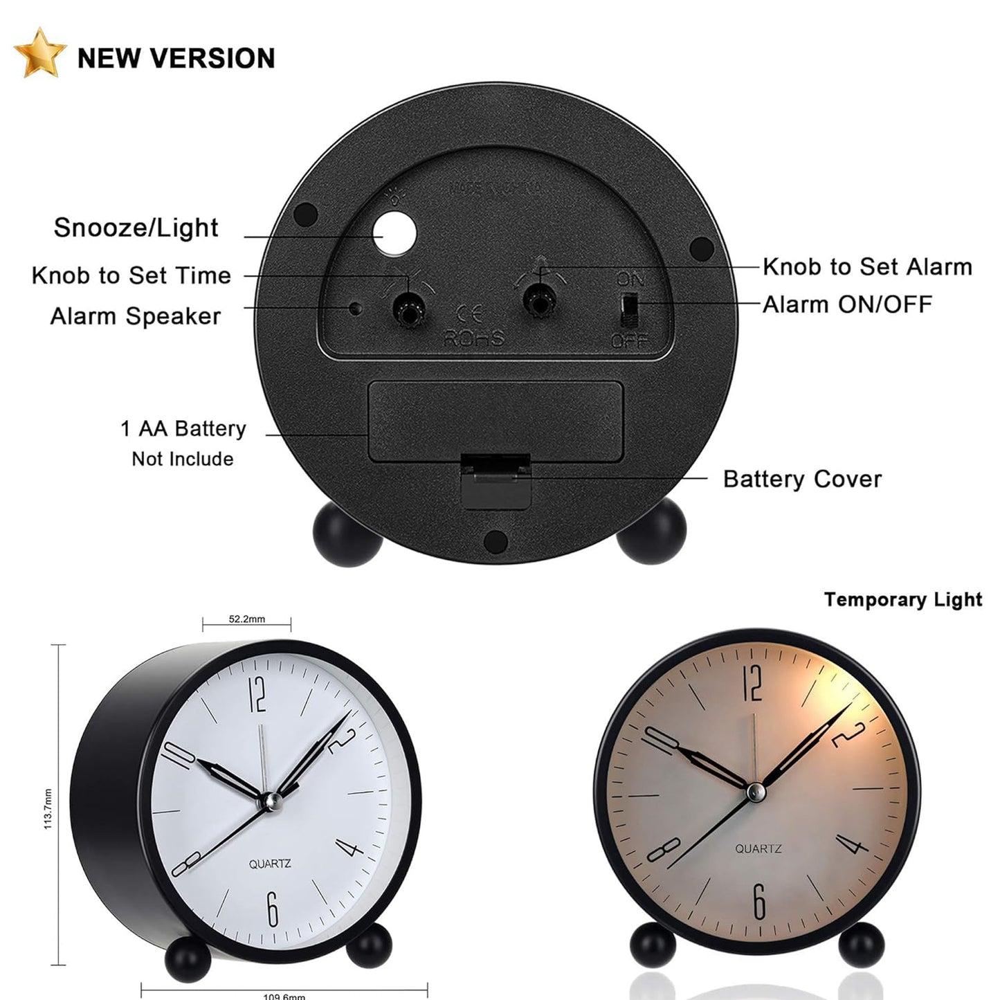 Twin Bell Table Clock With Night Backlight (Black)