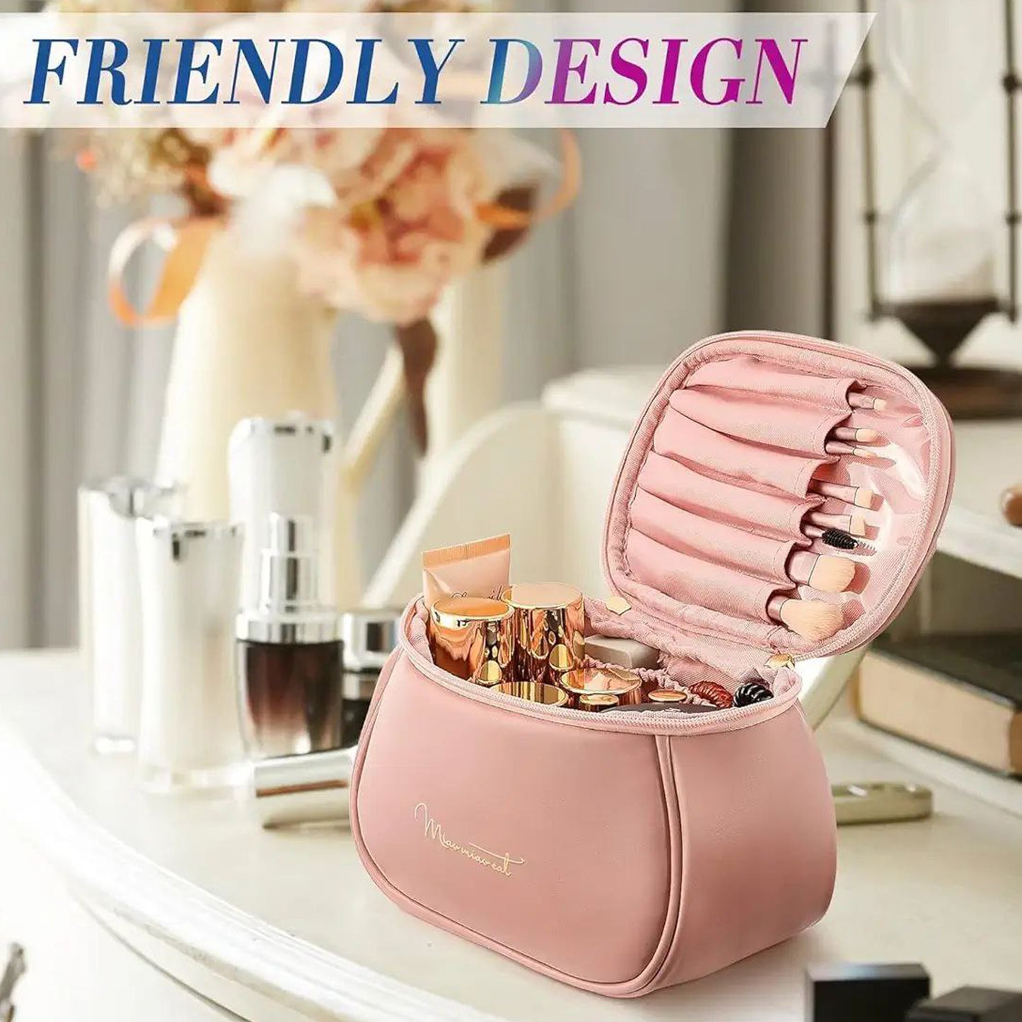 Portable Leather Cosmetic Storage Bag With Handle