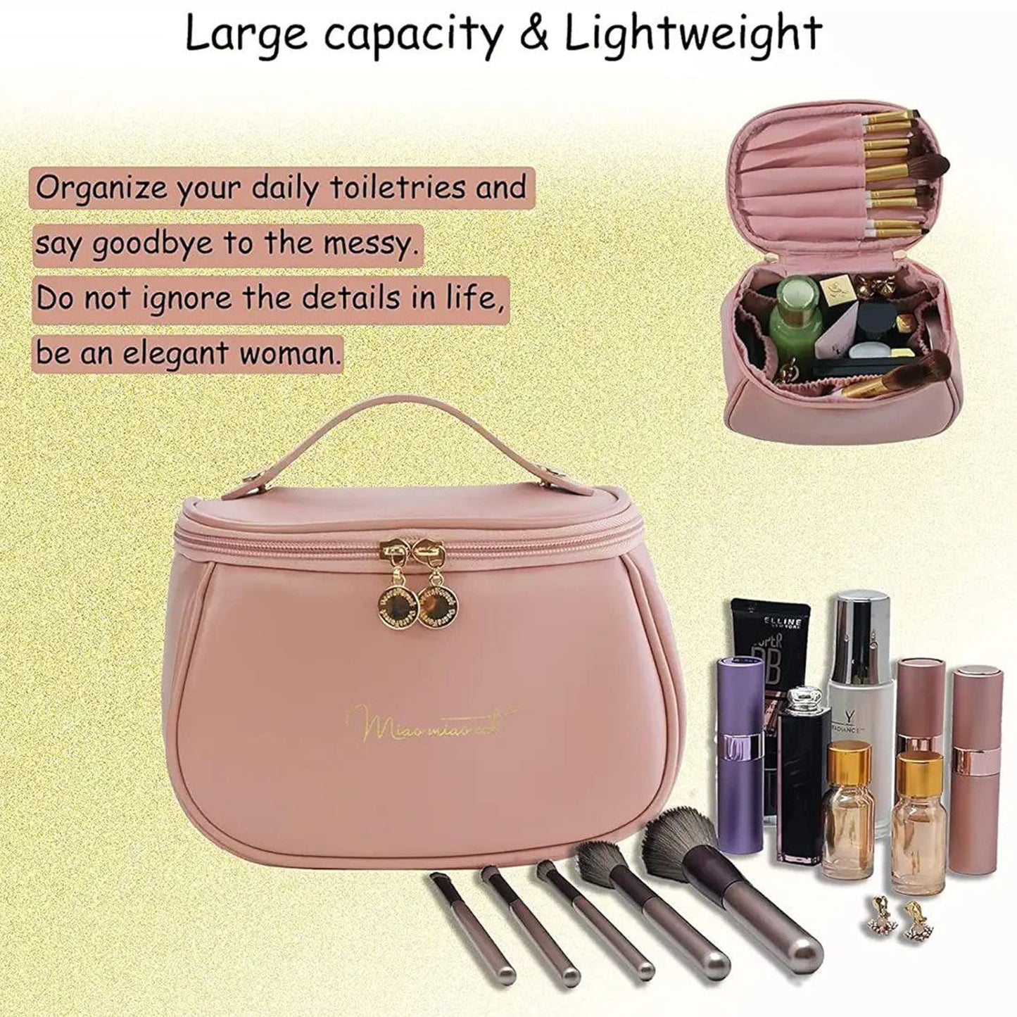 Portable Leather Cosmetic Storage Bag With Handle