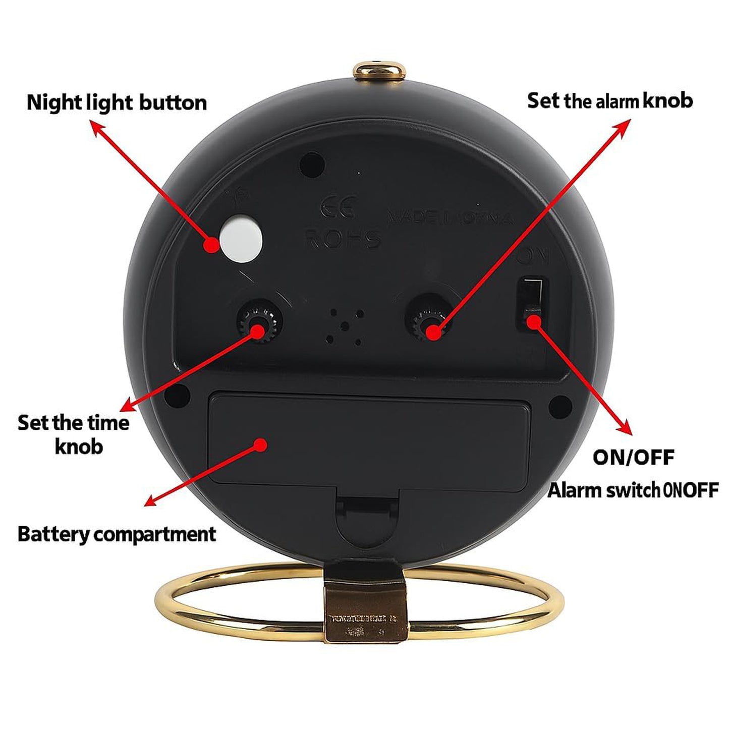 Round Desk Loud Alarm Silent Non-Ticking Clock (Black)
