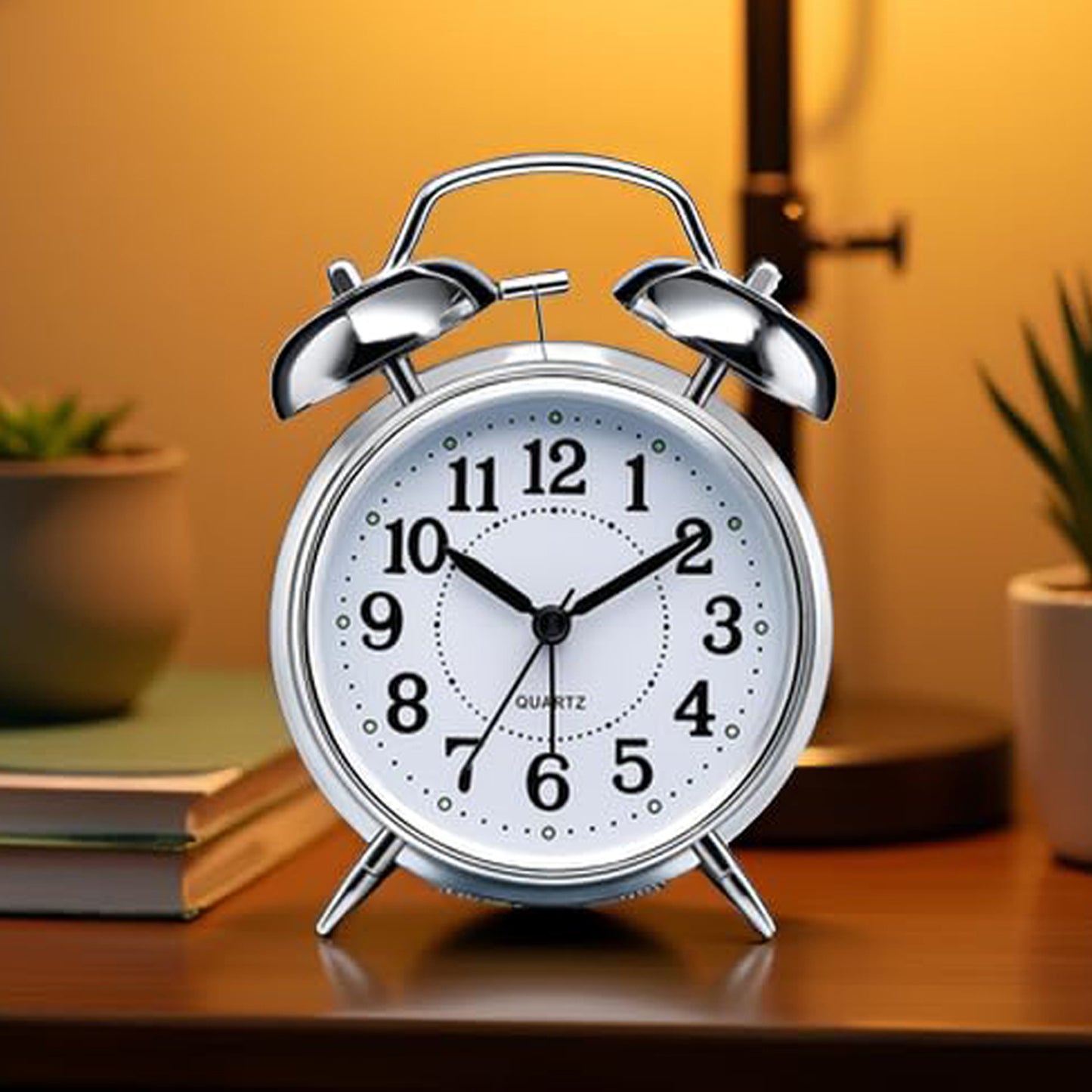 Alarm Clock Twin Bell Metal Frame With Light (Silver)