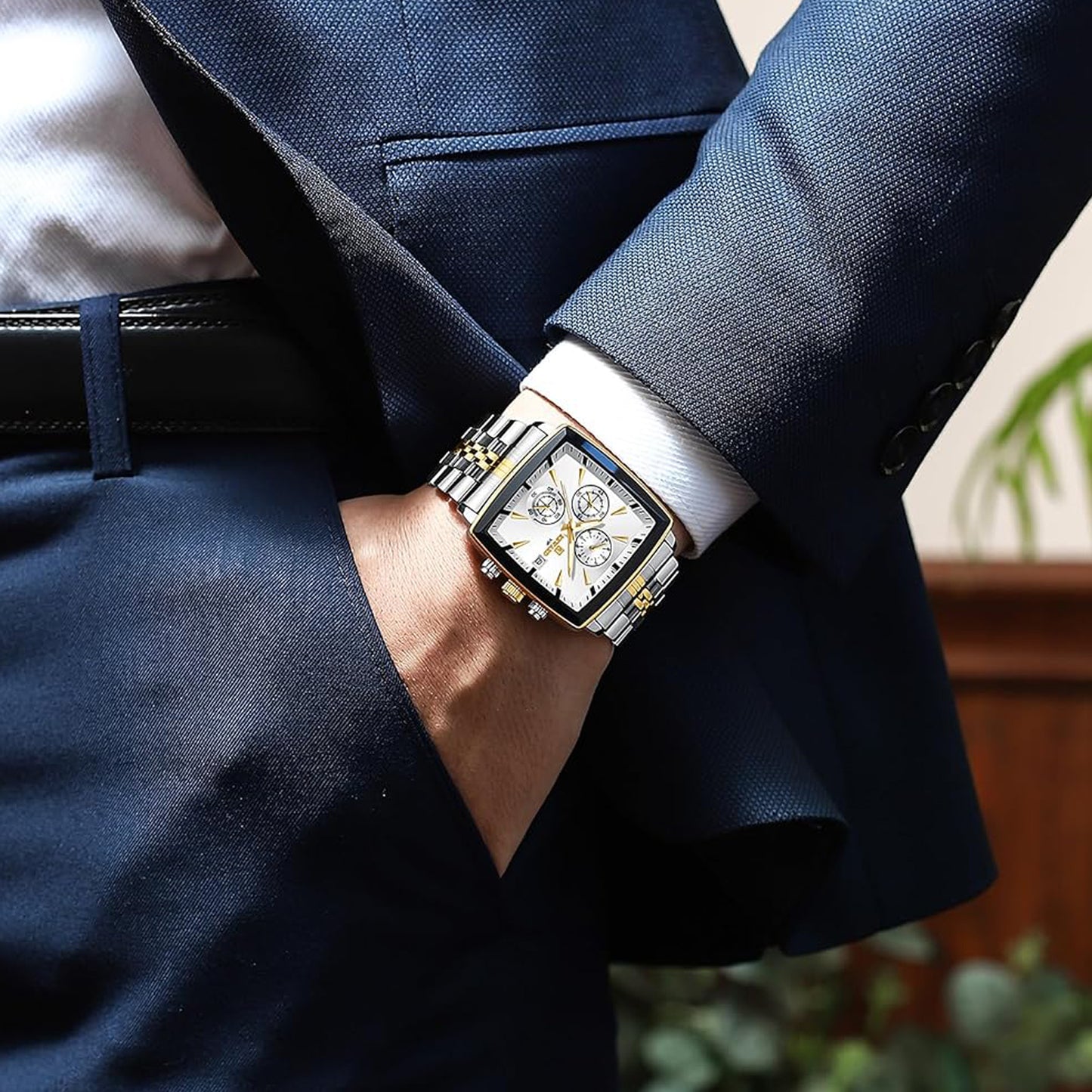 Reward Square White Dial Multi-Function Watch For Men