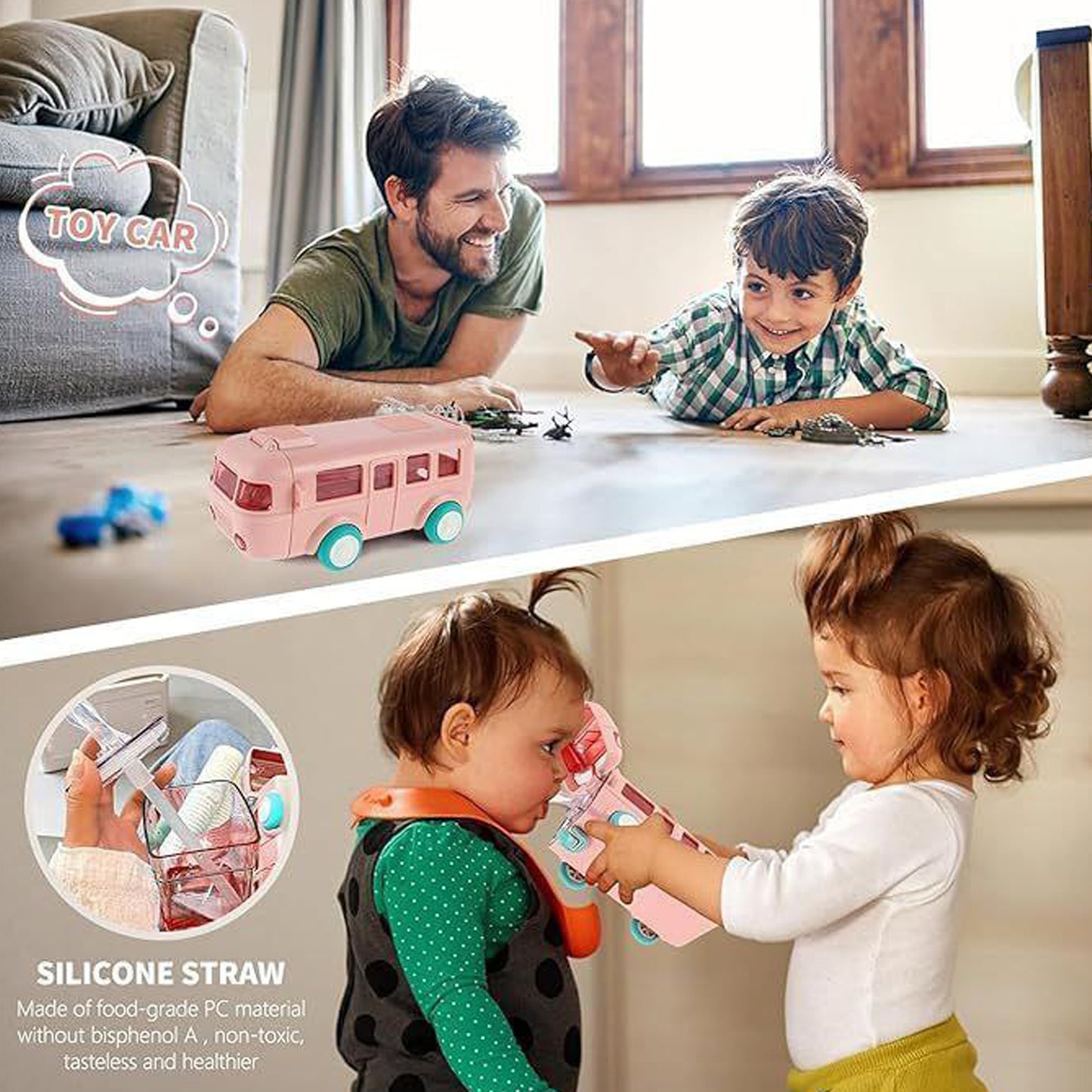 School Bus Theme Water Bottle, Kids Toys, Cute Water Bottle With Strap