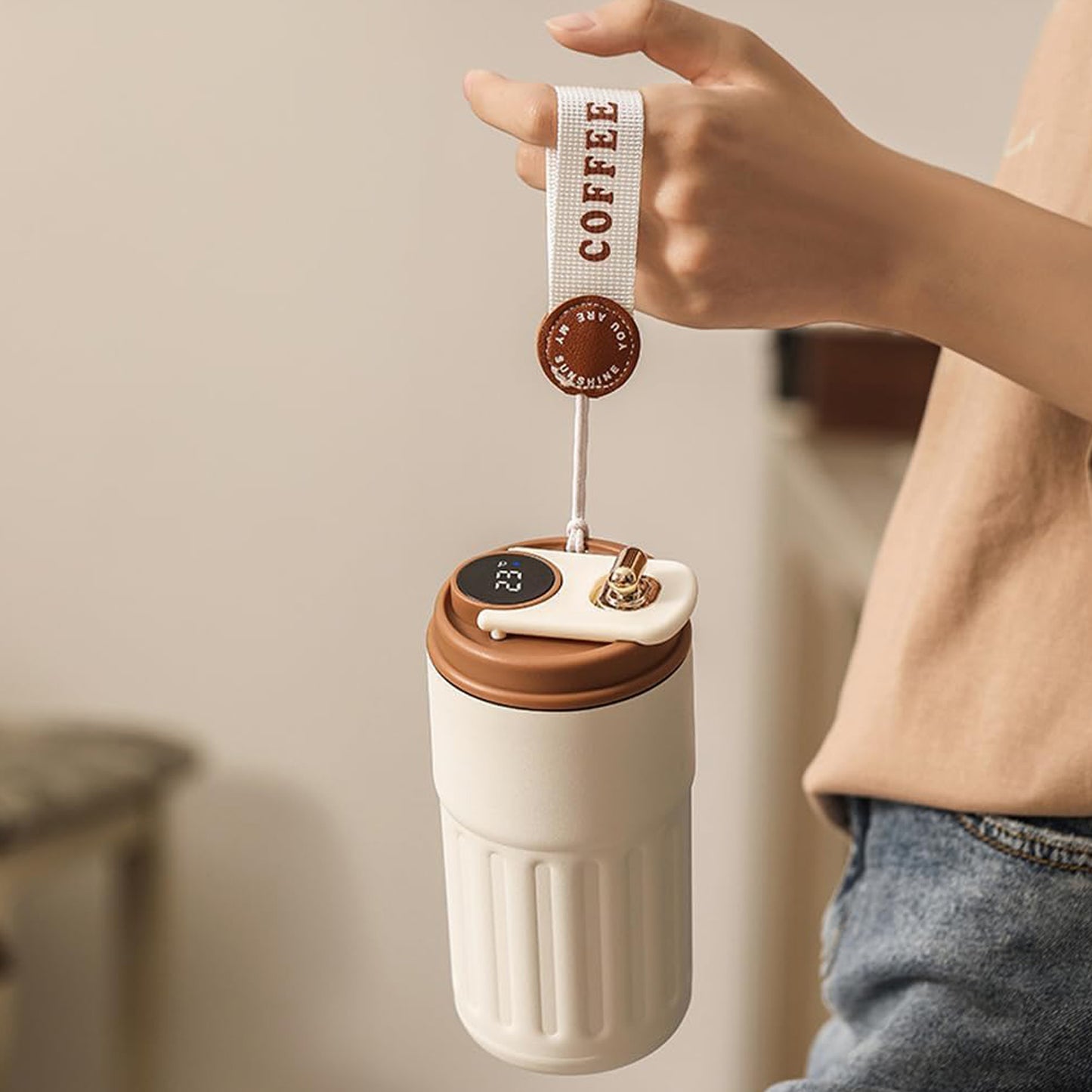 Digital Temperature Thermos Mug 460ml (White Brown)