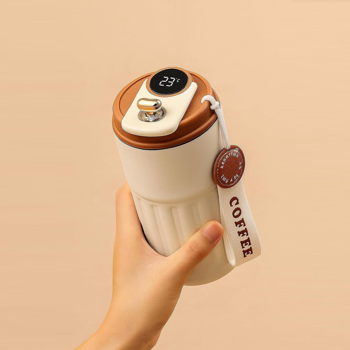 Digital Temperature Thermos Mug 460ml (White Brown)