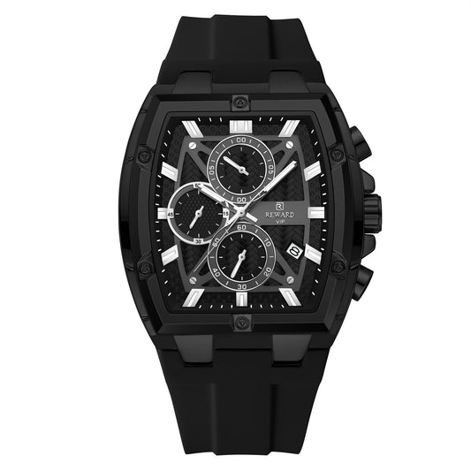 Men's Quartz Chronograph Silicone Watch – Black Case, Black Dial