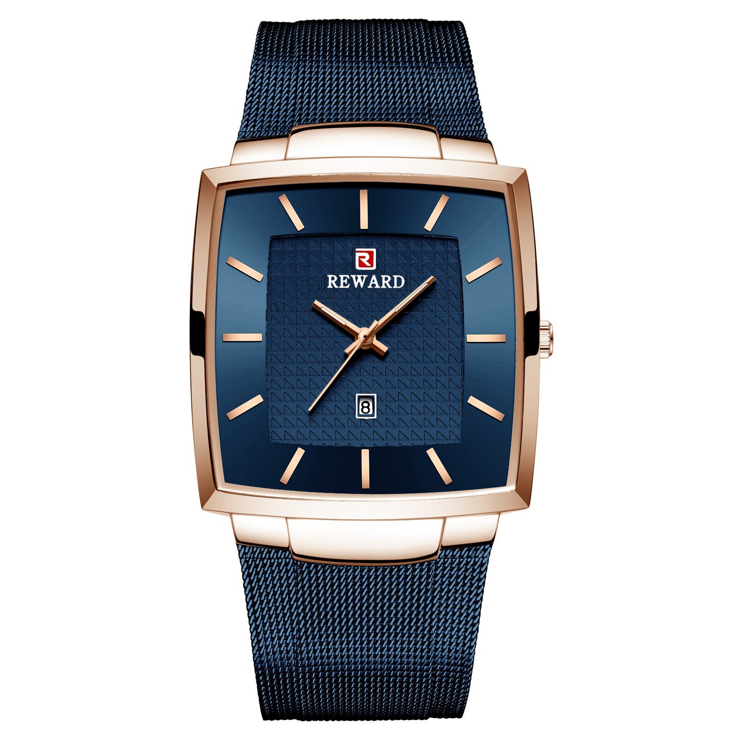 Reward Premium Minimalist Rectangular Mesh Strap Quartz Watch – Blue & RoseGold