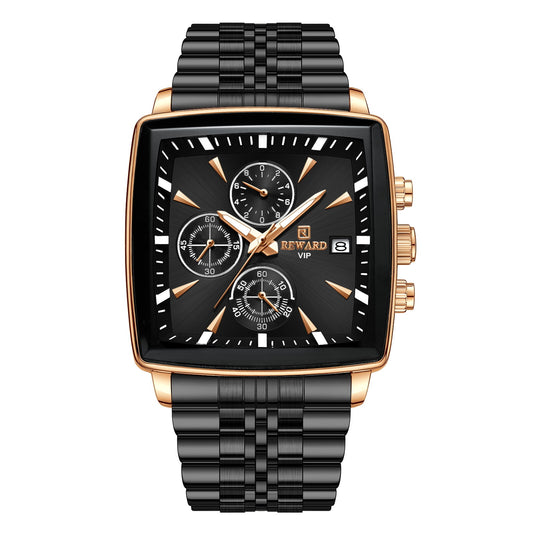 Reward Square Black & Rose Gold Multi-Function Men's Watch