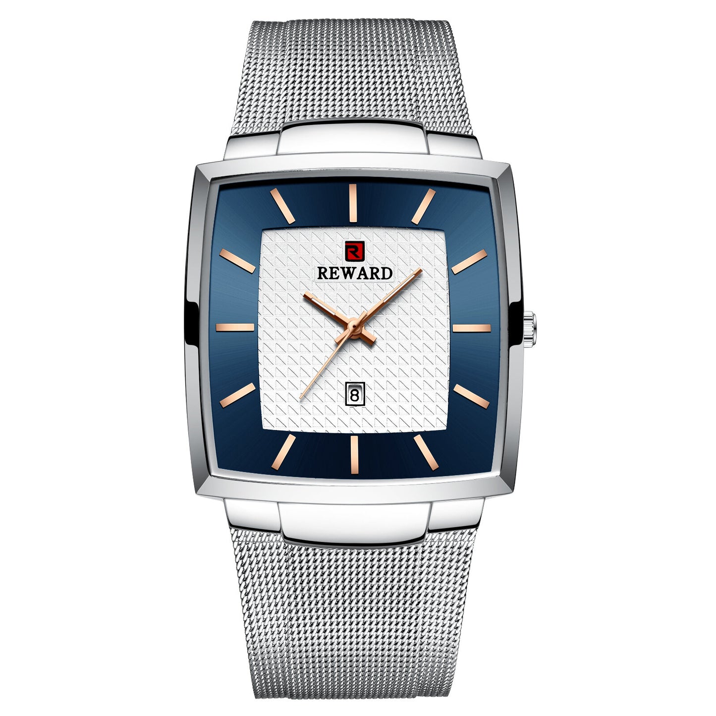 Reward Silver & Blue Rectangular Luxury Quartz Watch For Men