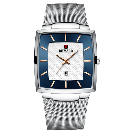 Reward Silver & Blue Rectangular Luxury Quartz Watch For Men