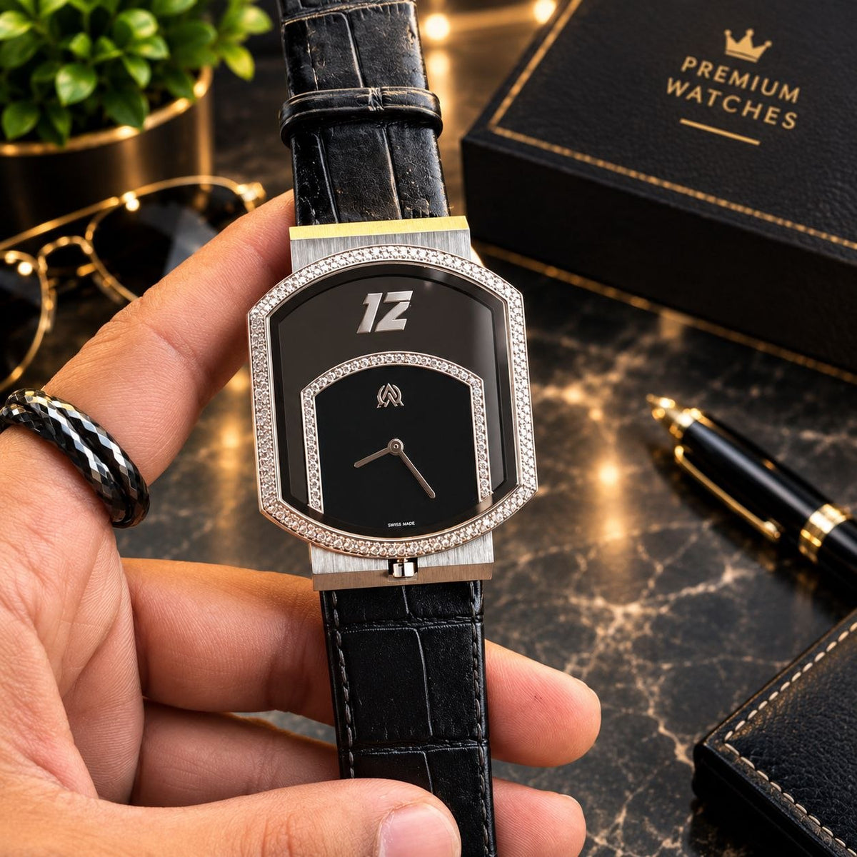 Men’s Ultra-Slim Diamond Watch Black-Silver