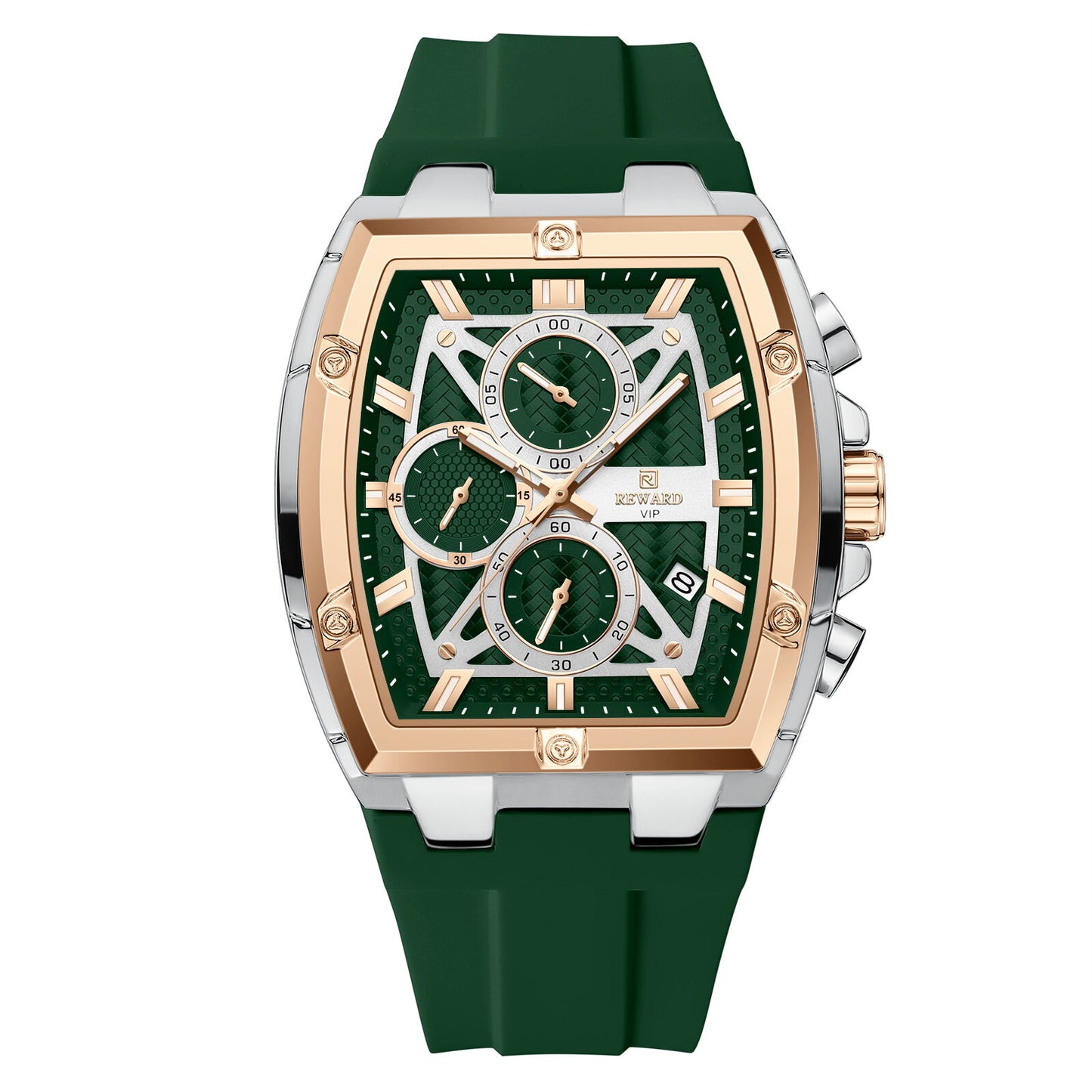 Men's Quartz Chronograph Silicone Watch – Silver & Rose Gold Case, Green Dial
