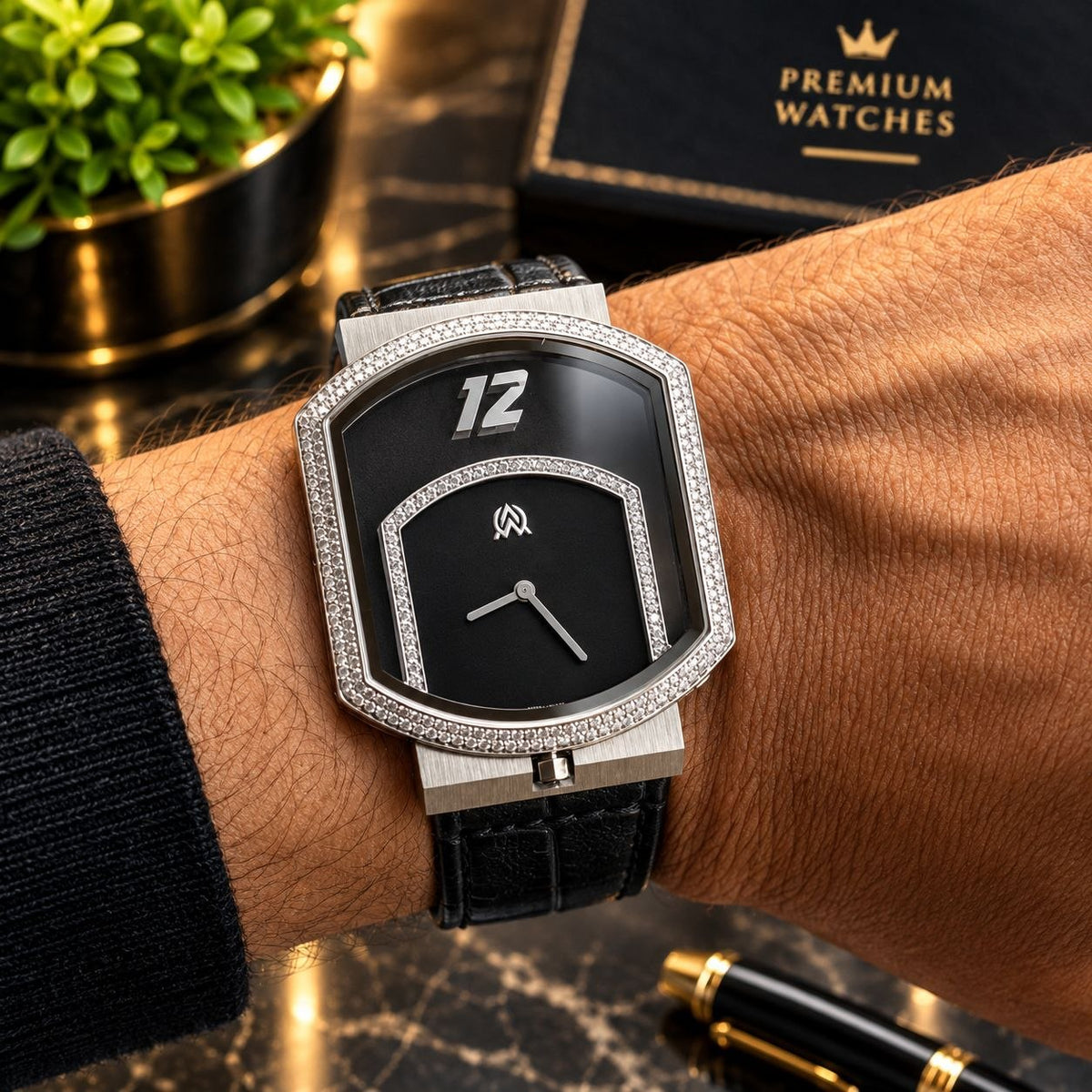 Men’s Ultra-Slim Diamond Watch Black-Silver