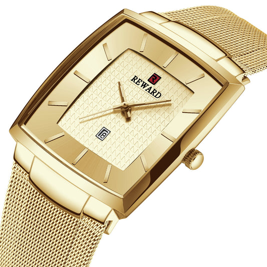 Reward Golden Rectangular Fashion Quartz Wristwatch For Men