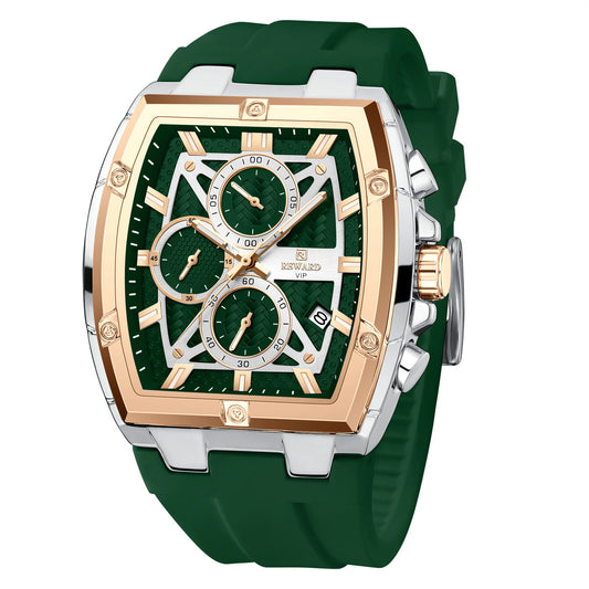 Men's Quartz Chronograph Silicone Watch – Silver & Rose Gold Case, Green Dial