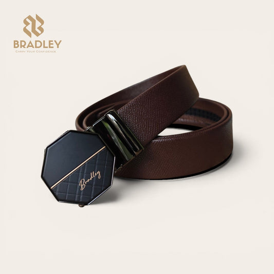 Leather Hexagonal Buckle Auto-Lock No-Hole Ratchet Belt