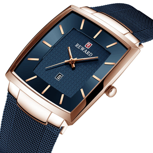 Reward Premium Minimalist Rectangular Mesh Strap Quartz Watch – Blue & RoseGold