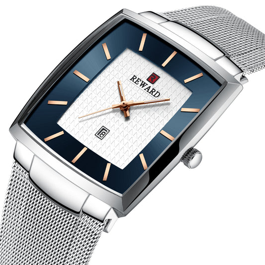 Reward Silver & Blue Rectangular Luxury Quartz Watch For Men