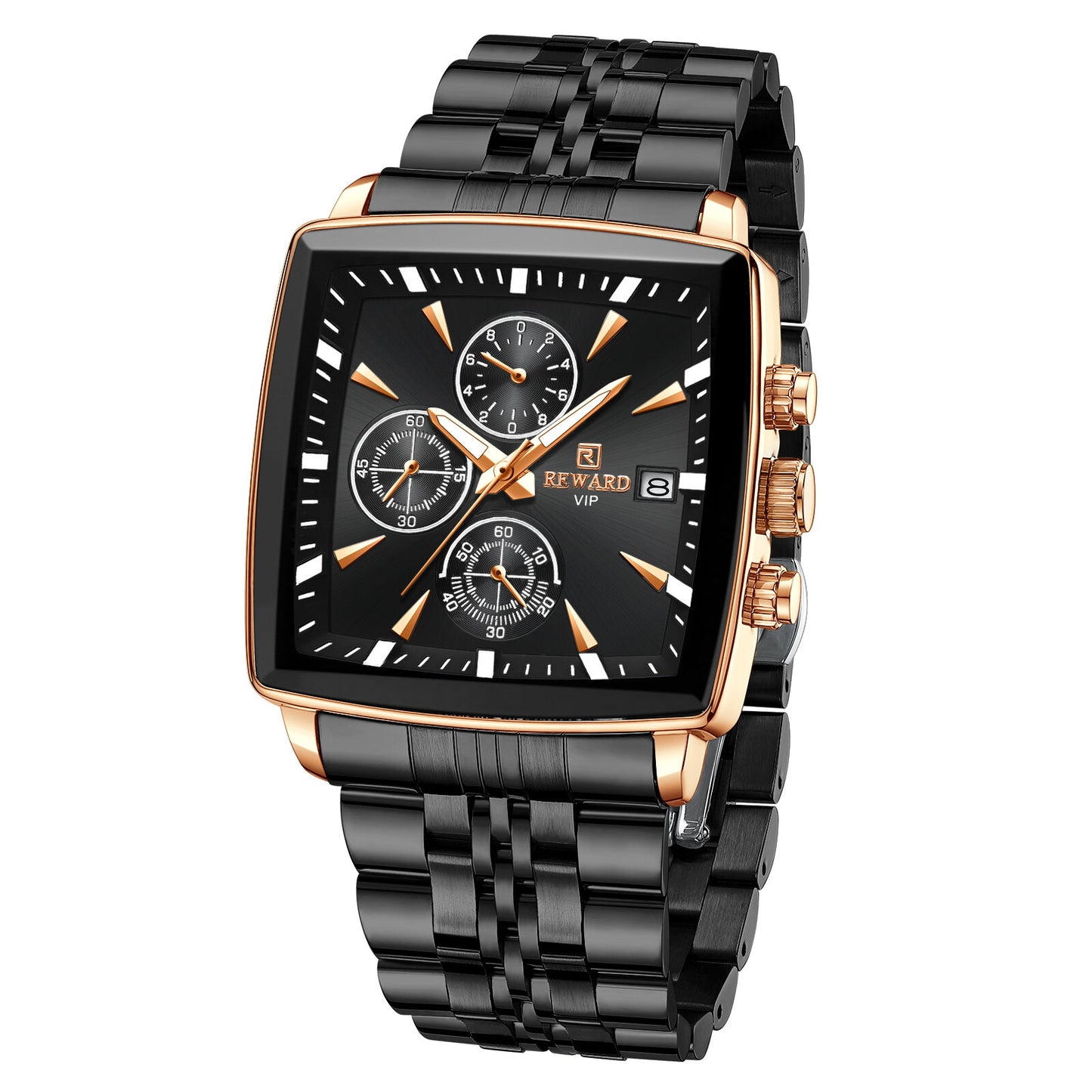 Reward Square Black & Rose Gold Multi-Function Men's Watch