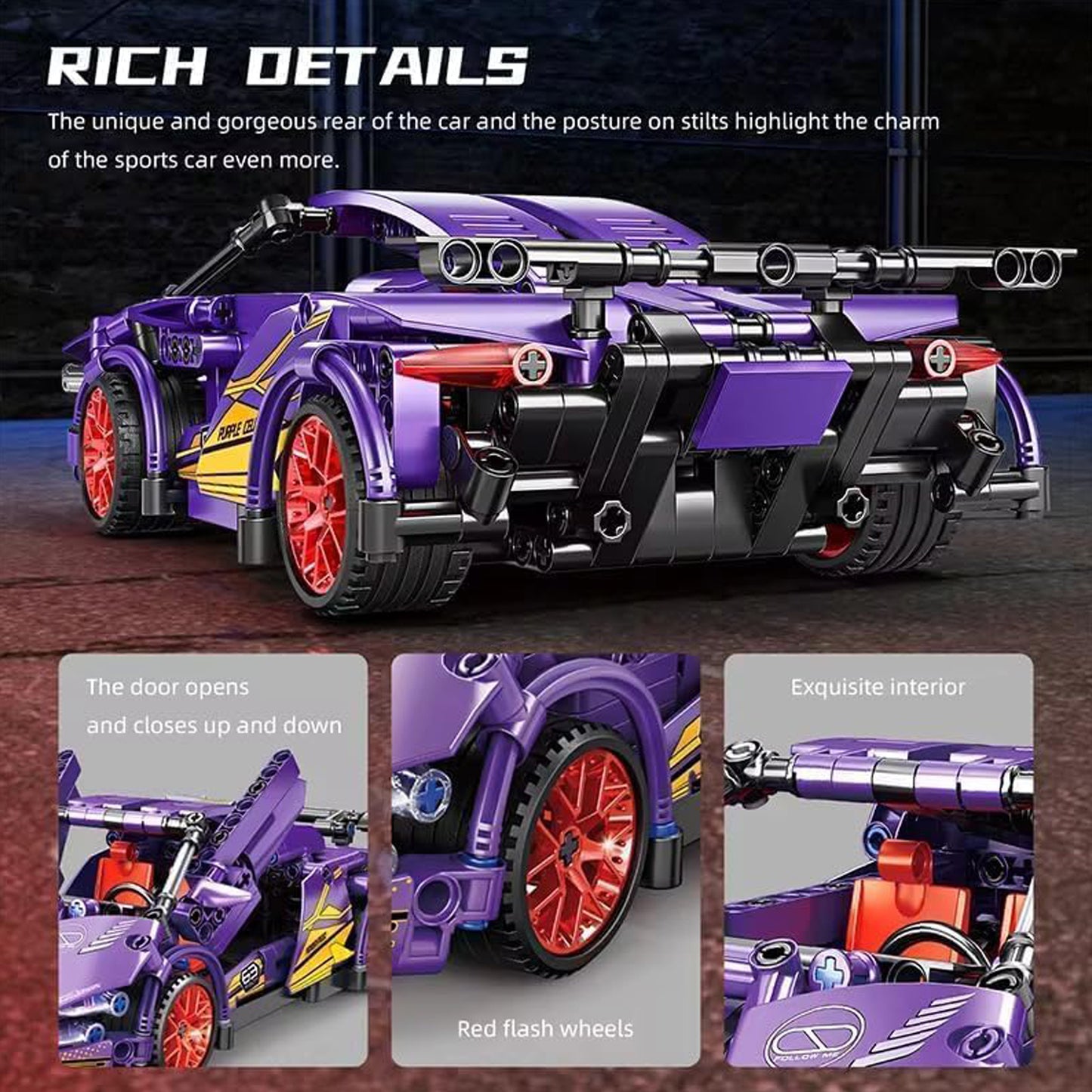 Purple Lambo 1:18 Scale Racing Pull-Back SuperCar Building Blocks Set