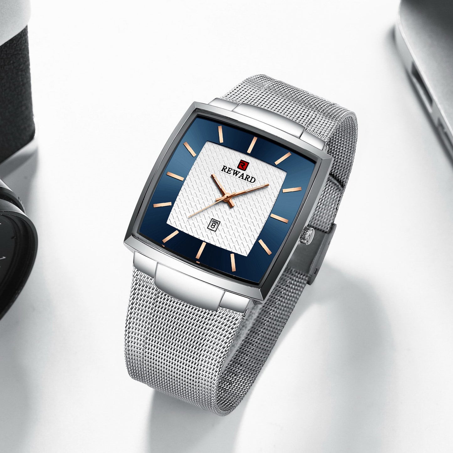 Reward Silver & Blue Rectangular Luxury Quartz Watch For Men