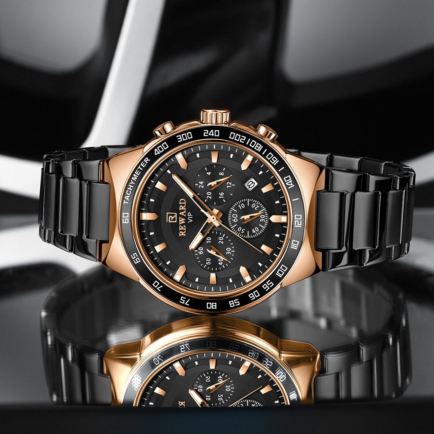 Men's Chronograph Quartz Watch – Rose Gold & Black Edition