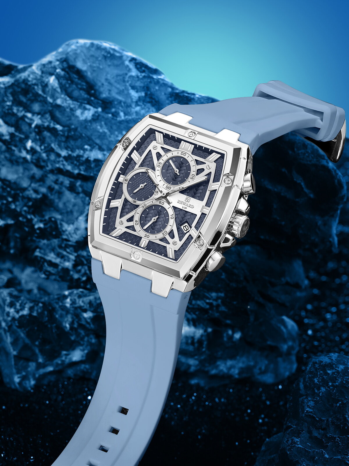 Men's Quartz Chronograph Silicone Watch – Silver Case, Blue Dial