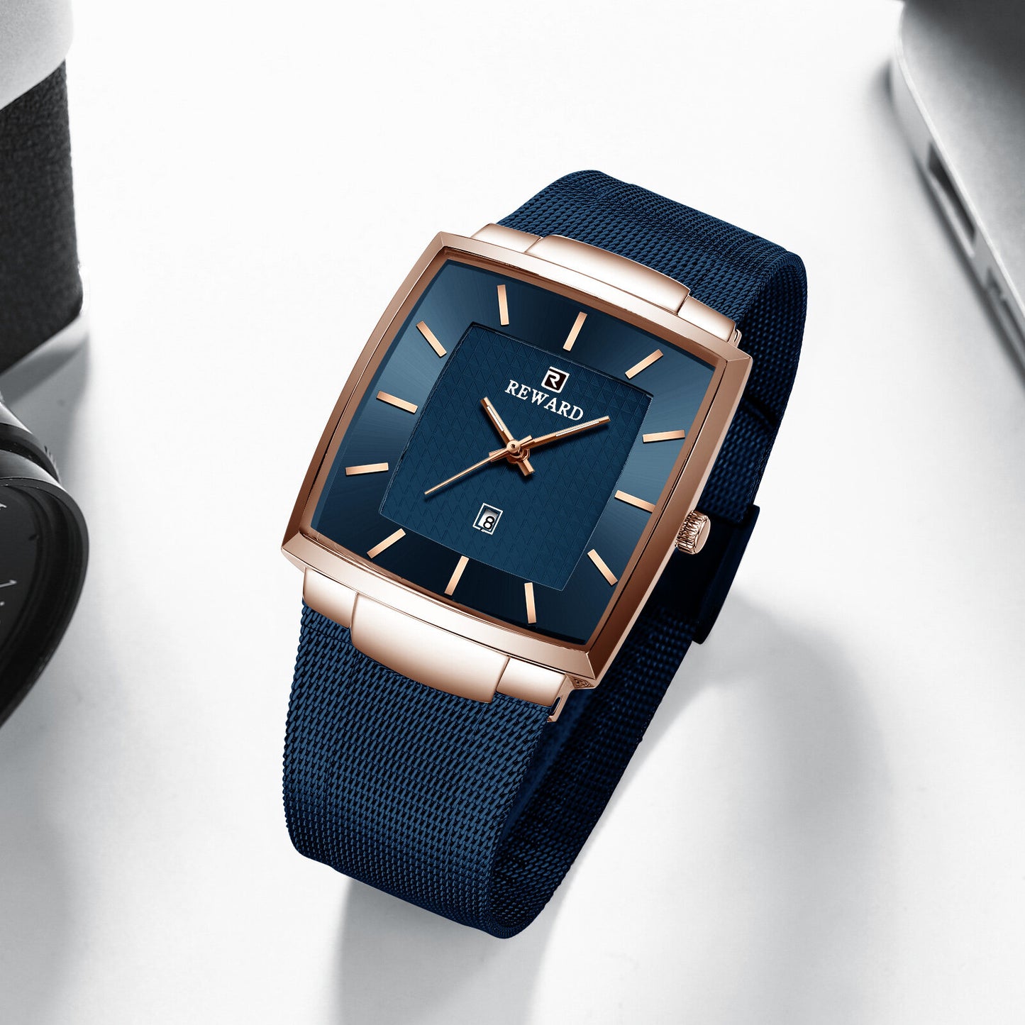 Reward Premium Minimalist Rectangular Mesh Strap Quartz Watch – Blue & RoseGold