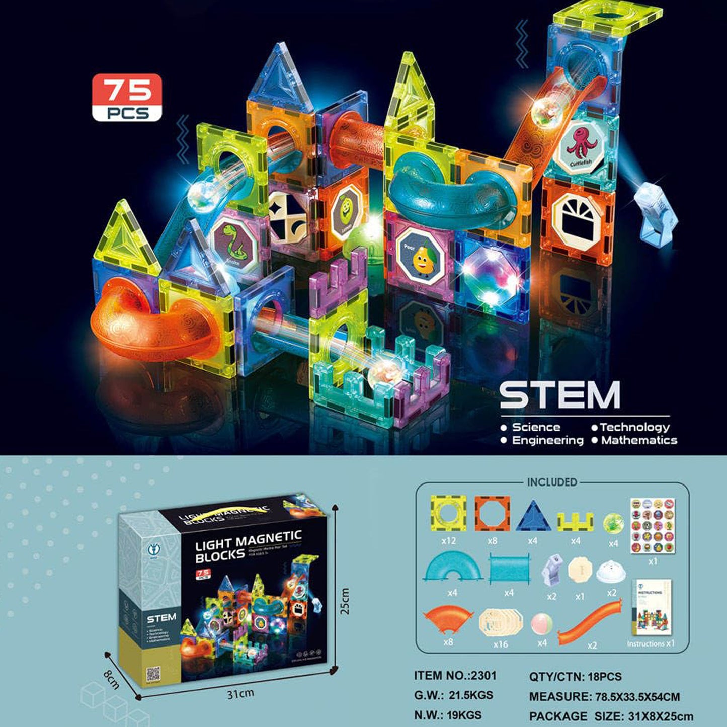 Magnetic Tiles Building Blocks with LED Lights (75Pcs)