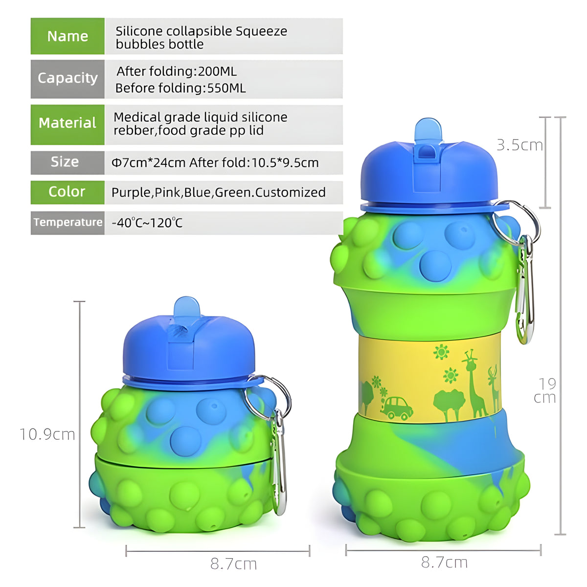 Green Dotted Folding Silicone Water Bottle