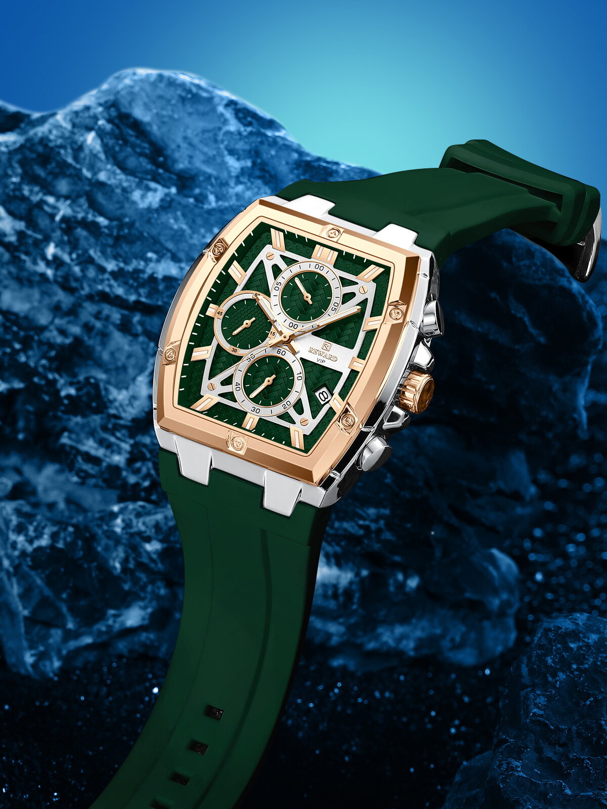 Men's Quartz Chronograph Silicone Watch – Silver & Rose Gold Case, Green Dial